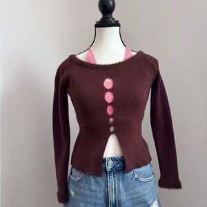 Brown Sweater with Pink Halter Y2K top, Fur Trimmed Edges Size S